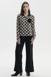 Blusa Mujer Cuello Camisero Y Diseño Negro/Beige