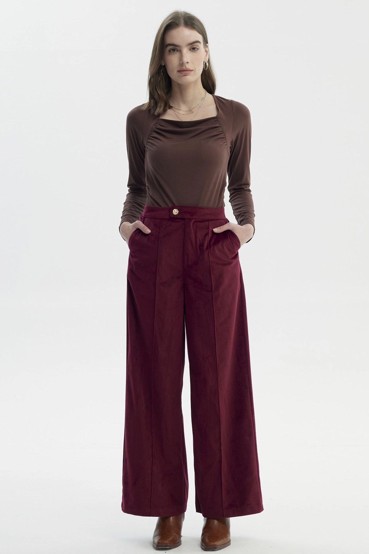 Pantalón Mujer Cotelé Botón Burdeo