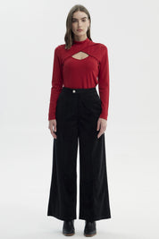 Pantalón Mujer Cotelé Botón Negro