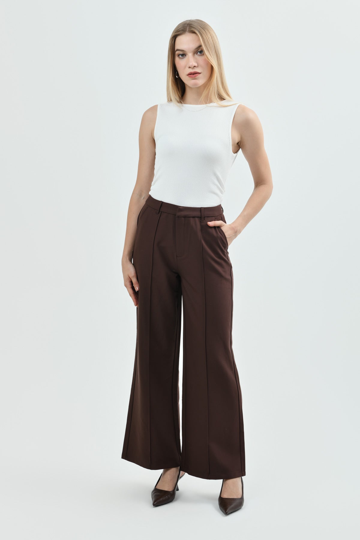 Pantalón Mujer Wide Leg Café Oscuro