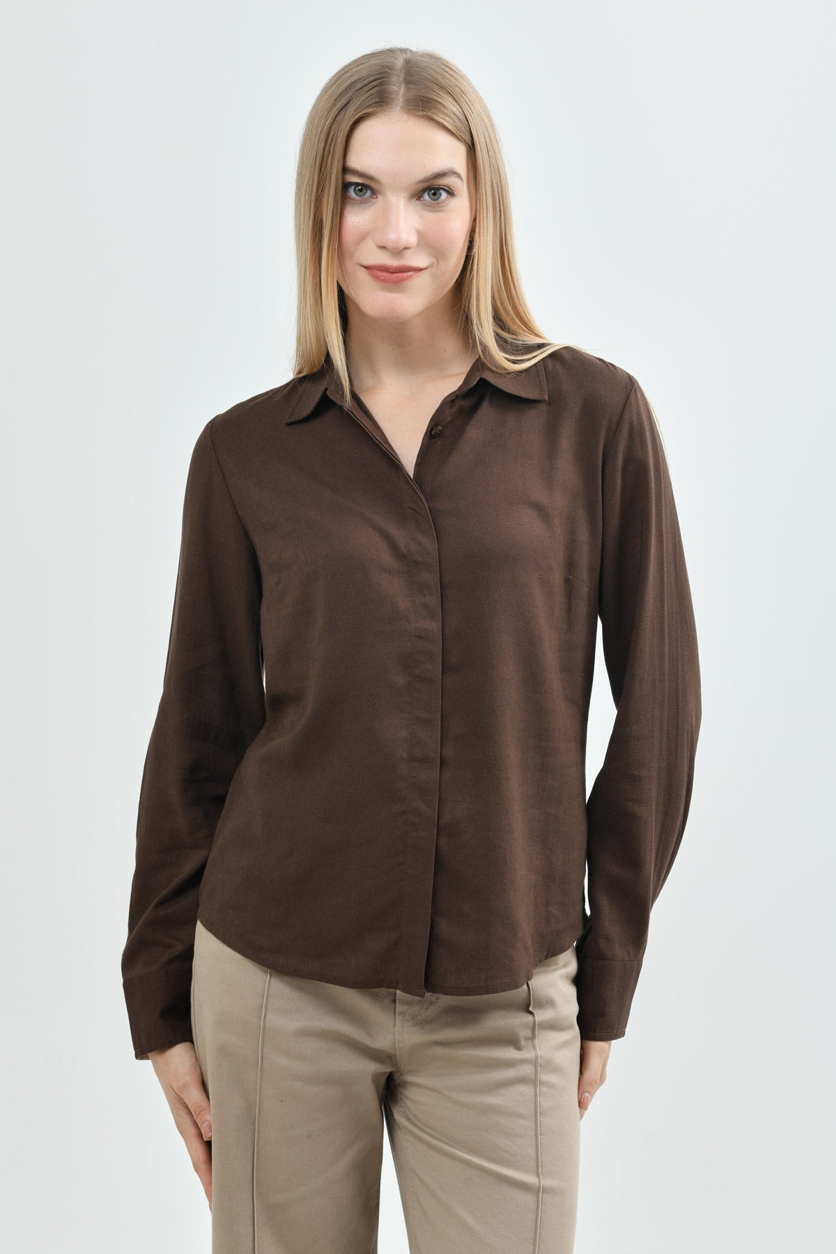 Blusa Cuello Camisero Mujer Café Oscuro