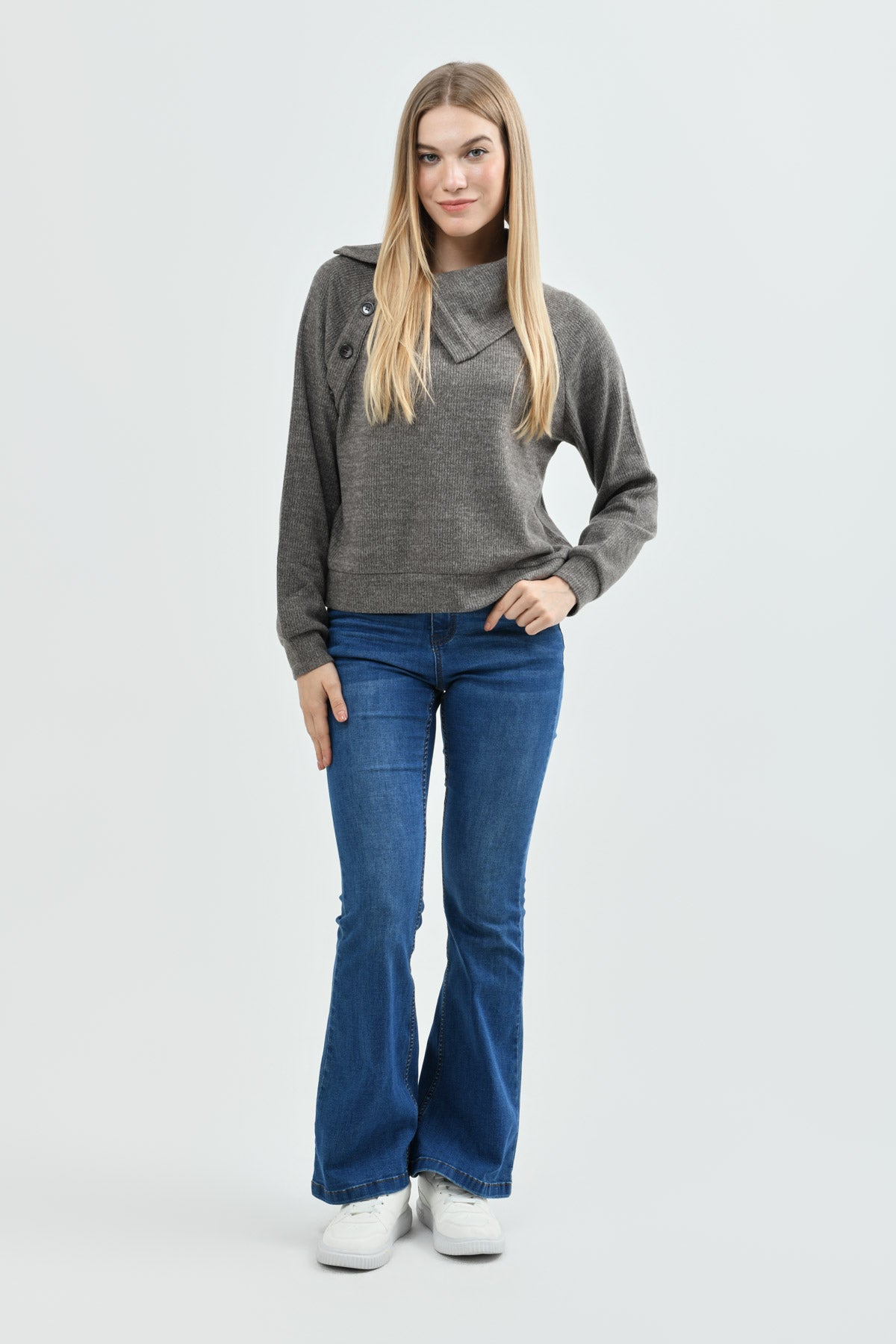 Sweater Mujer Classic Cuello Camisero Gris