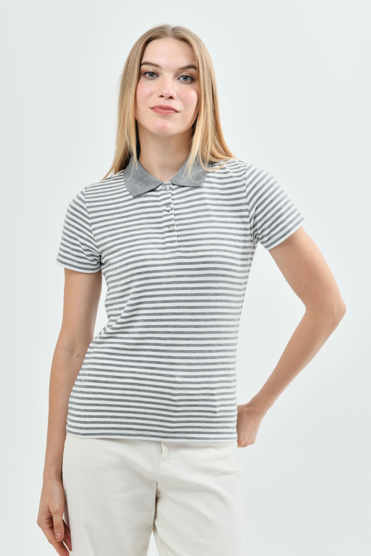 Sweater Mujer Regular Cuello Camisero Gris Melange
