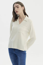 Sweater Mujer Slim Cuello Camisero Crema