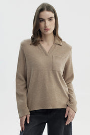 Sweater Mujer Slim Cuello Camisero Beige Oscuro