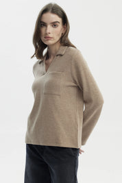 Sweater Mujer Slim Cuello Camisero Beige Oscuro