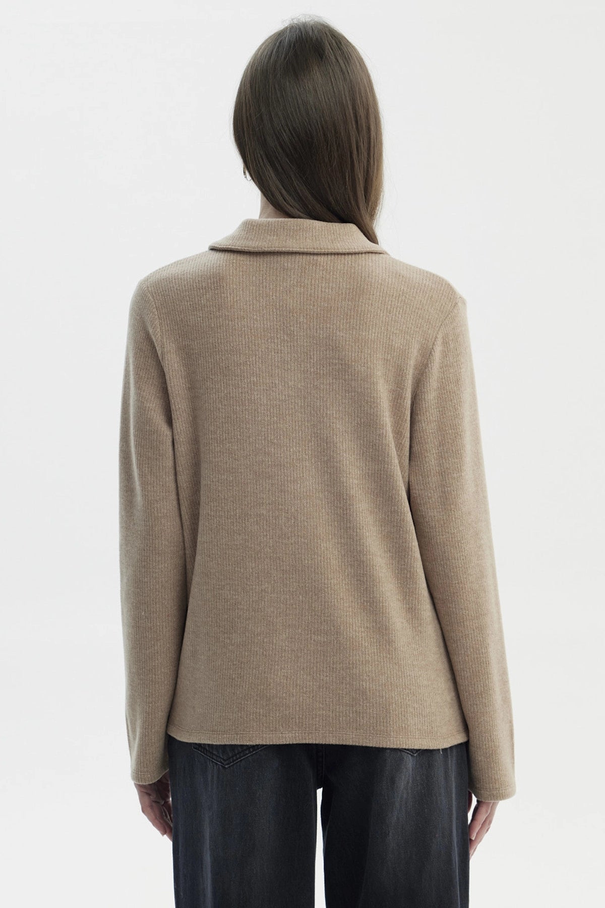 Sweater Mujer Slim Cuello Camisero Beige Oscuro