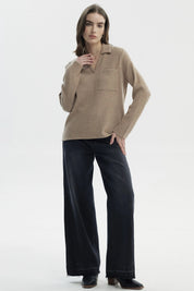 Sweater Mujer Slim Cuello Camisero Beige Oscuro