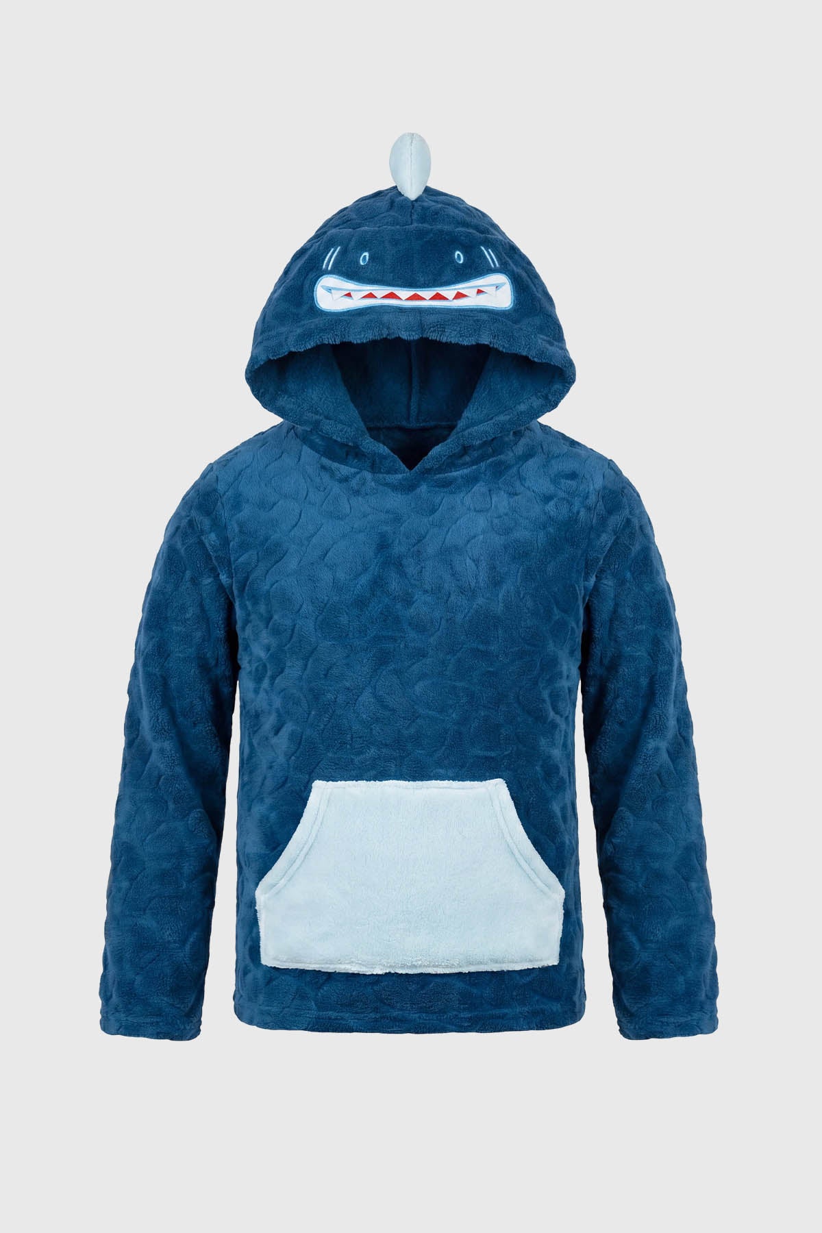 Pijama de niño azul con capucha de dinosaurio y bolsillo celeste diseño escamas en toda la prenda estilo divertido
