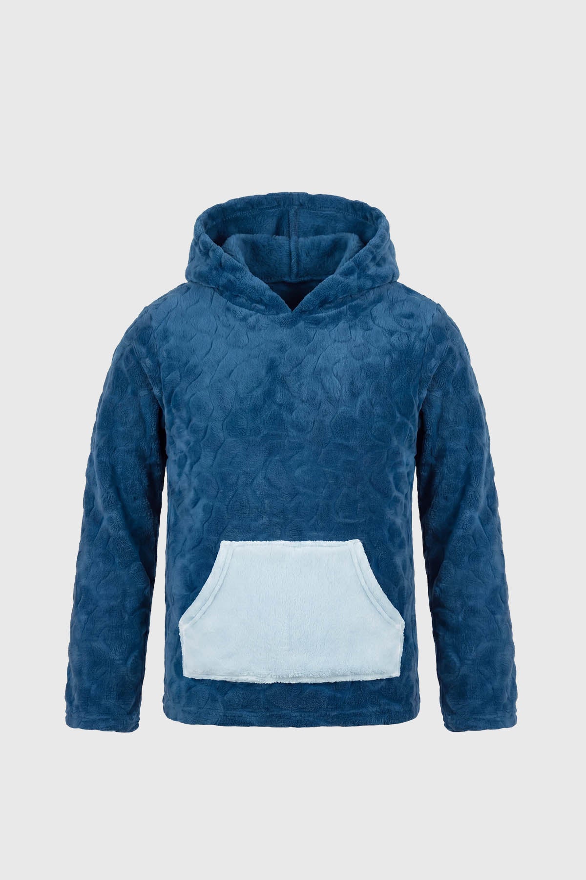 Pijama de niño azul con capucha de dinosaurio y bolsillo celeste diseño escamas en toda la prenda estilo divertido