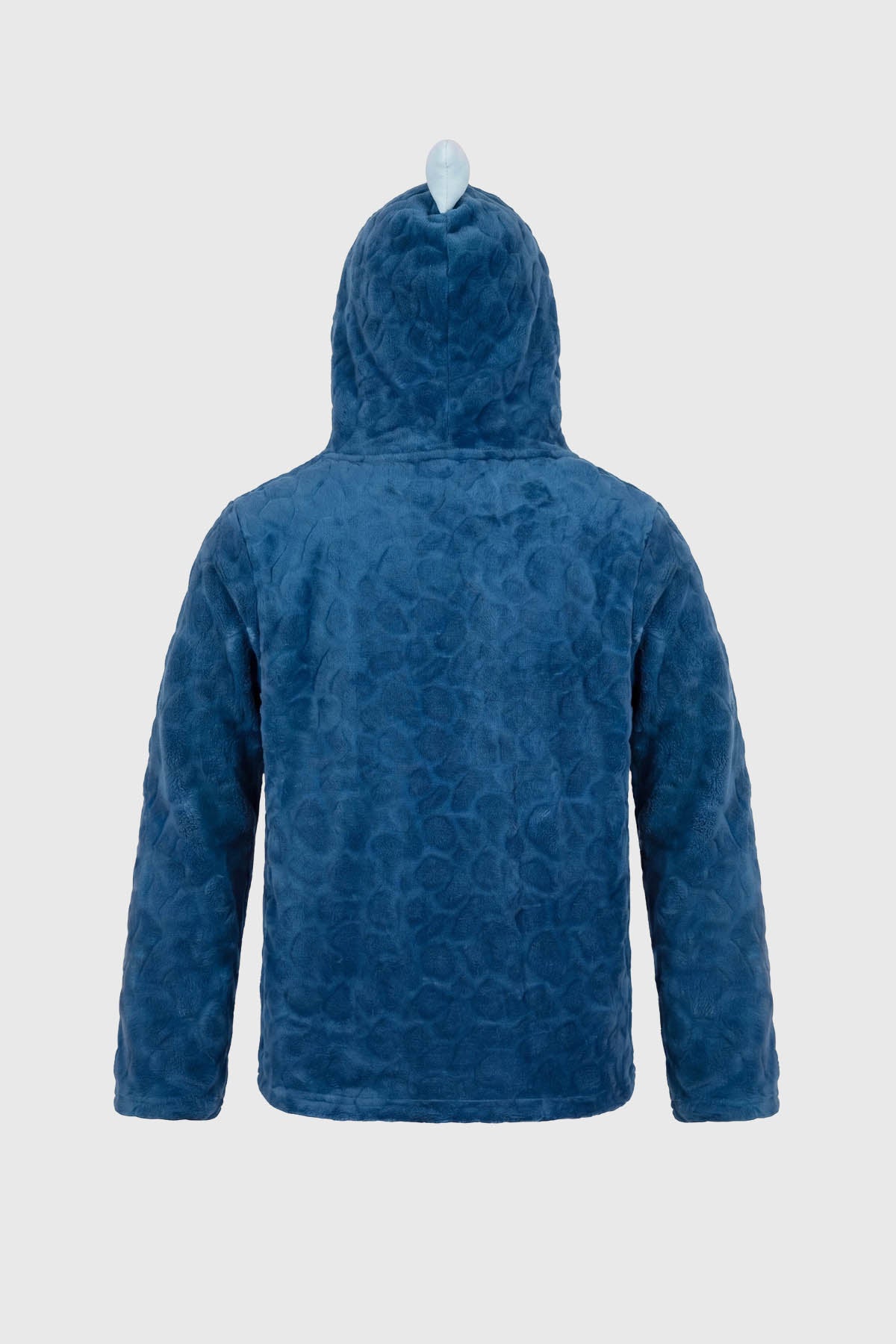 Pijama de niño azul con capucha de dinosaurio y bolsillo celeste diseño escamas en toda la prenda estilo divertido