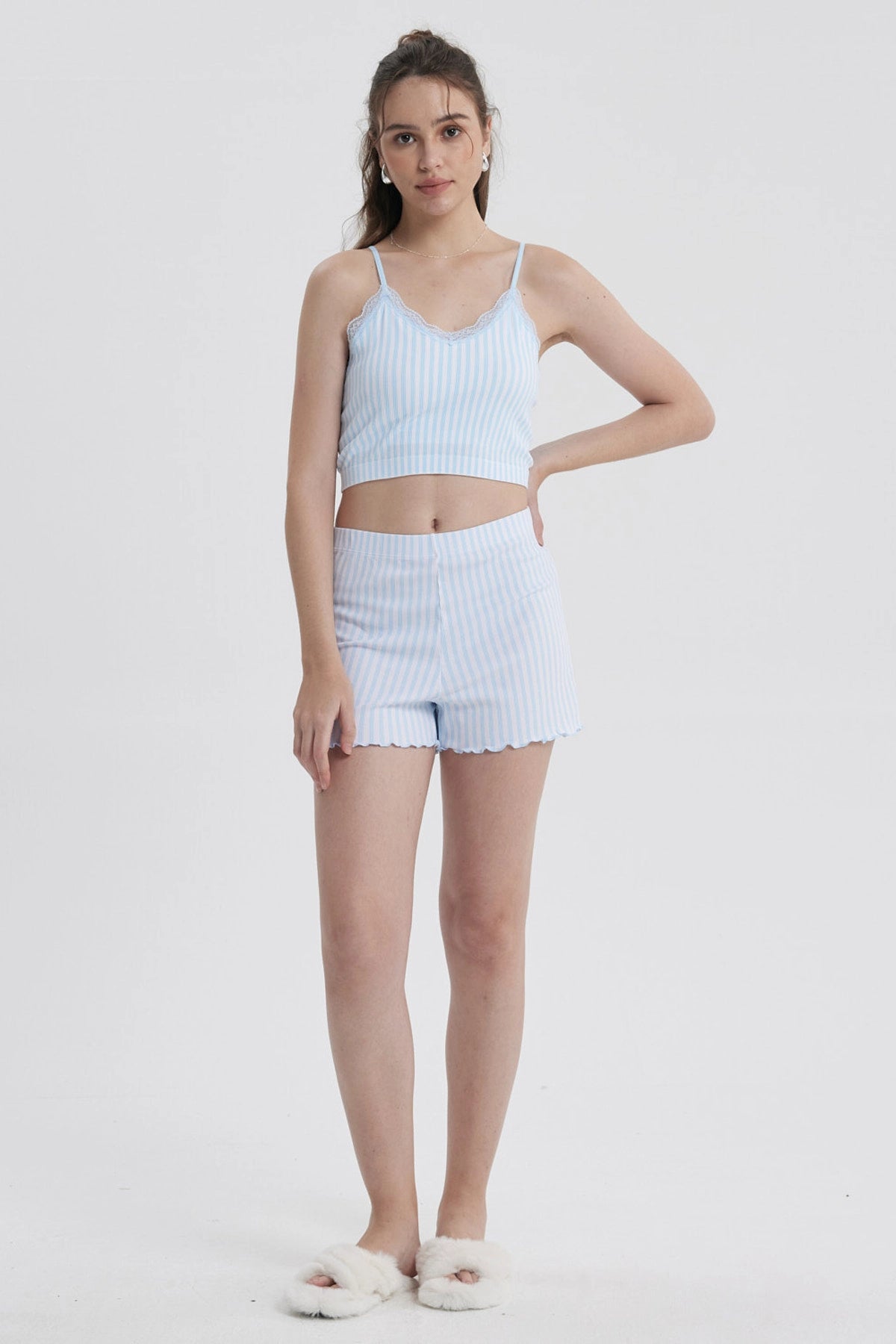 Pijama Mujer Crop Celeste