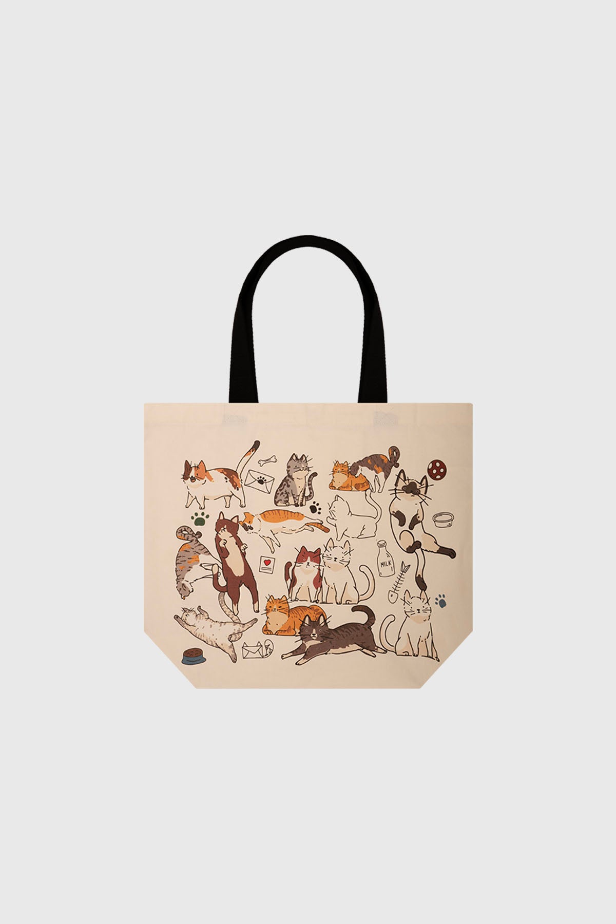 Bolsa grande naranjo con asas negras estampa de gatos jugando y descansando estilo dibujo animado en toda la superficie
