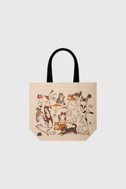 Bolsa grande naranjo con asas negras estampa de gatos jugando y descansando estilo dibujo animado en toda la superficie