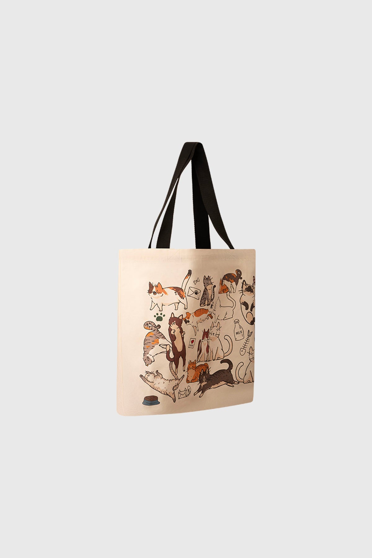 Bolsa grande naranjo con asas negras estampa de gatos jugando y descansando estilo dibujo animado en toda la superficie