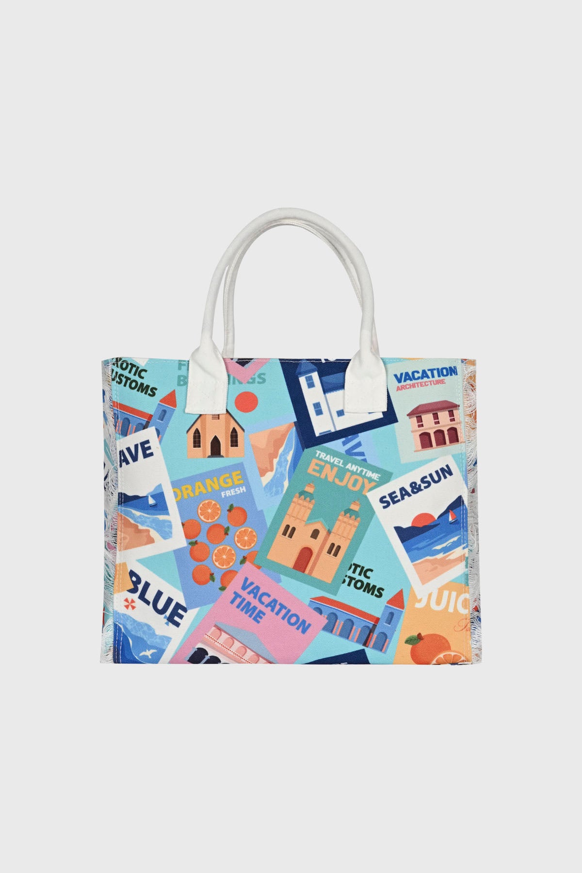 Bolsa celeste con estampado de postales de viaje y frutas en colores vivos diseño retro y divertido sin cierre