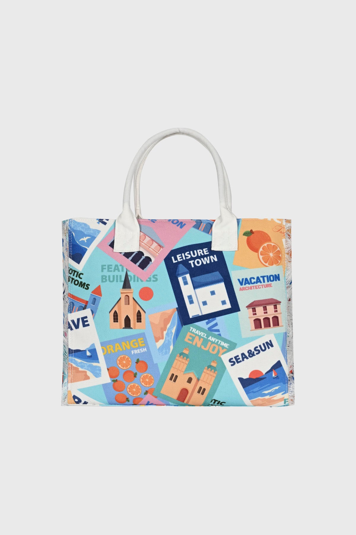 Bolsa celeste con estampado de postales de viaje y frutas en colores vivos diseño retro y divertido sin cierre