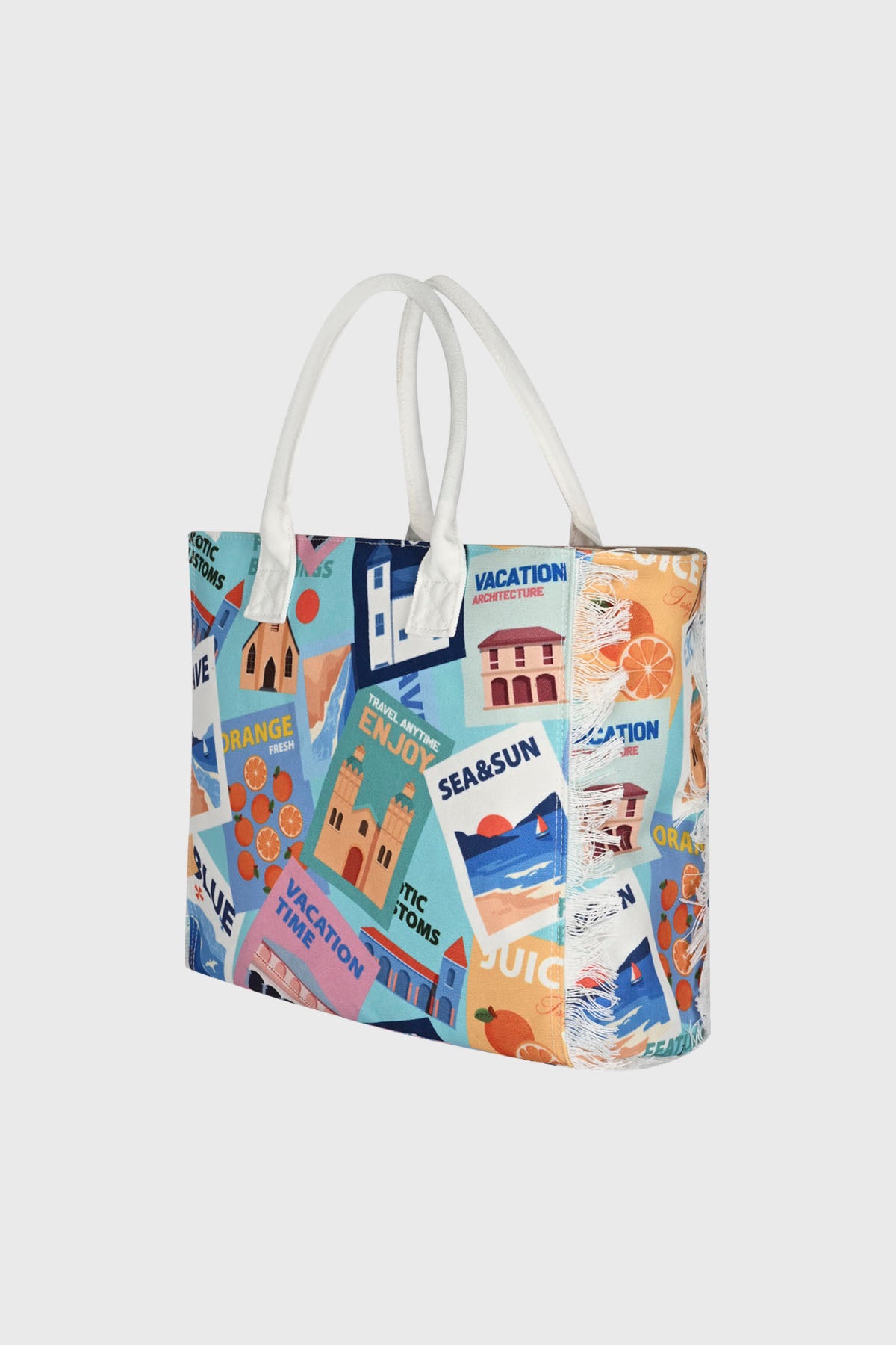 Bolsa celeste con estampado de postales de viaje y frutas en colores vivos diseño retro y divertido sin cierre