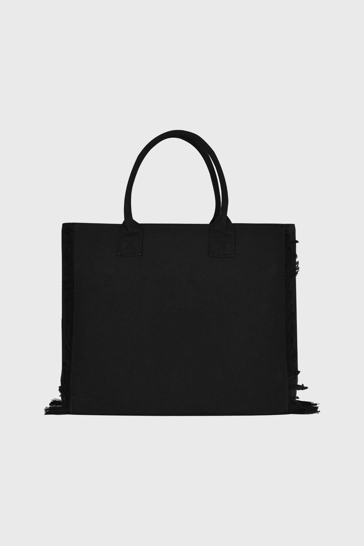 Bolsa negra de poliéster con asas y texto blanco Style Getaway en el frente estilo moderno centrado
