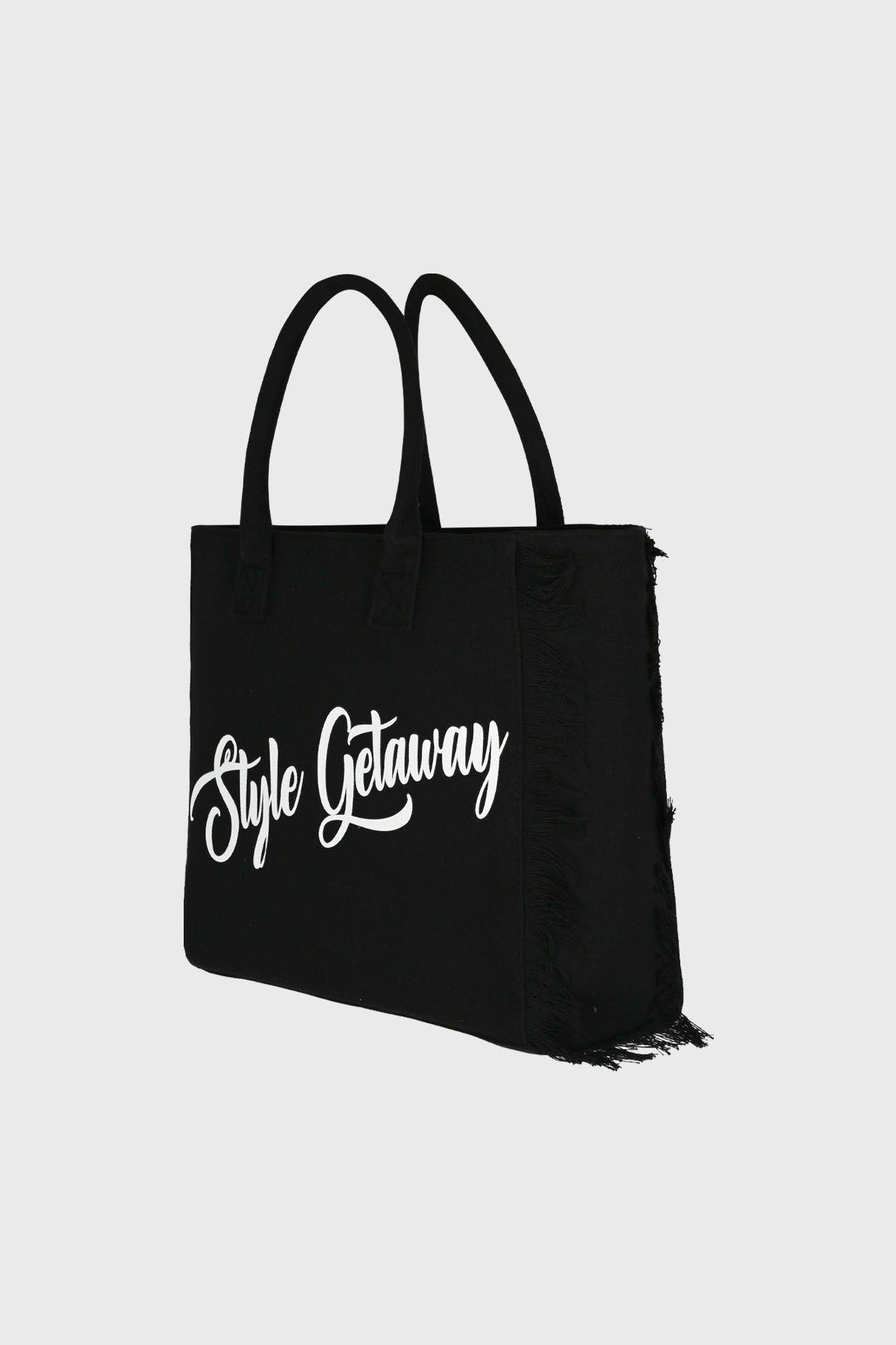 Bolsa negra de poliéster con asas y texto blanco Style Getaway en el frente estilo moderno centrado