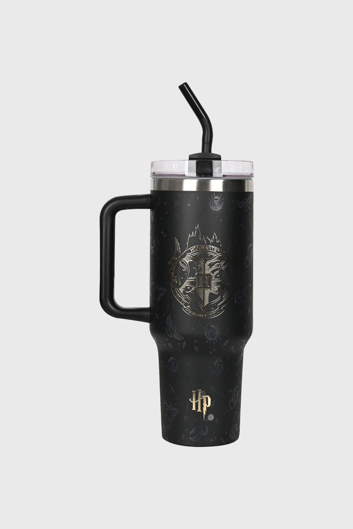 Botella negra de acero inoxidable con el escudo de Hogwarts en el centro y diseño de Harry Potter en estilo minimalista