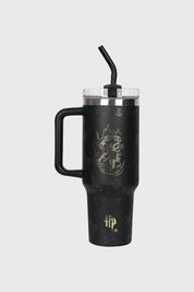 Botella negra de acero inoxidable con el escudo de Hogwarts en el centro y diseño de Harry Potter en estilo minimalista