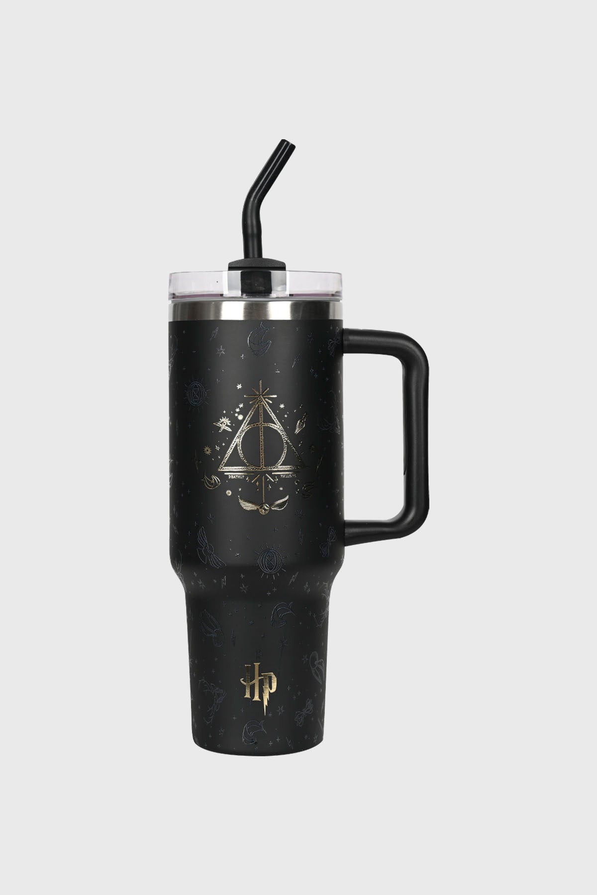 Botella negra de acero inoxidable con el escudo de Hogwarts en el centro y diseño de Harry Potter en estilo minimalista