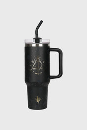 Botella negra de acero inoxidable con el escudo de Hogwarts en el centro y diseño de Harry Potter en estilo minimalista