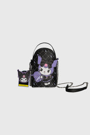 Bolsa negra de poliéster con cadena y diseño de Kuromi en estilo kawaii en el frente