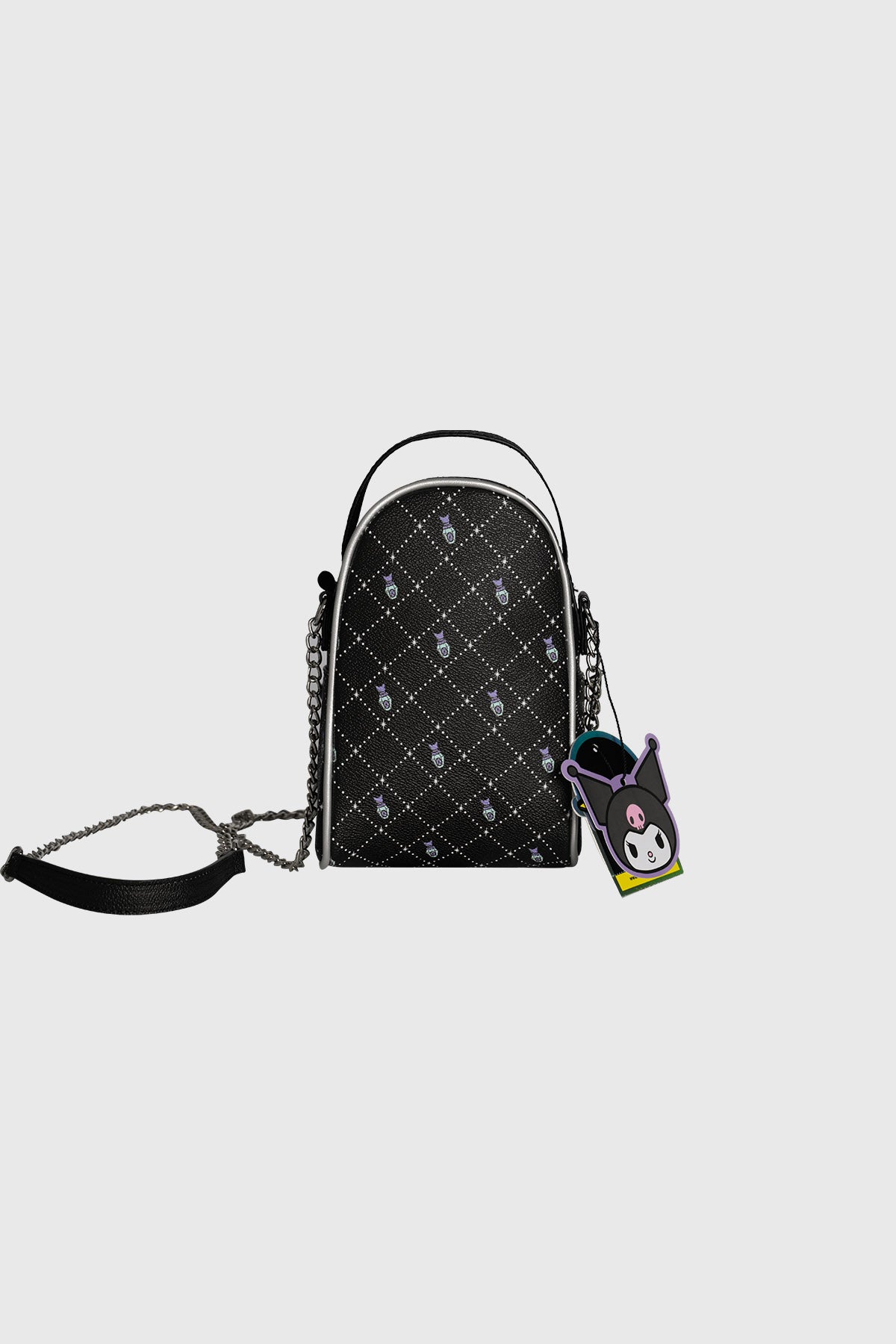 Bolsa negra de poliéster con cadena y diseño de Kuromi en estilo kawaii en el frente