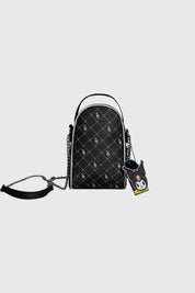 Bolsa negra de poliéster con cadena y diseño de Kuromi en estilo kawaii en el frente