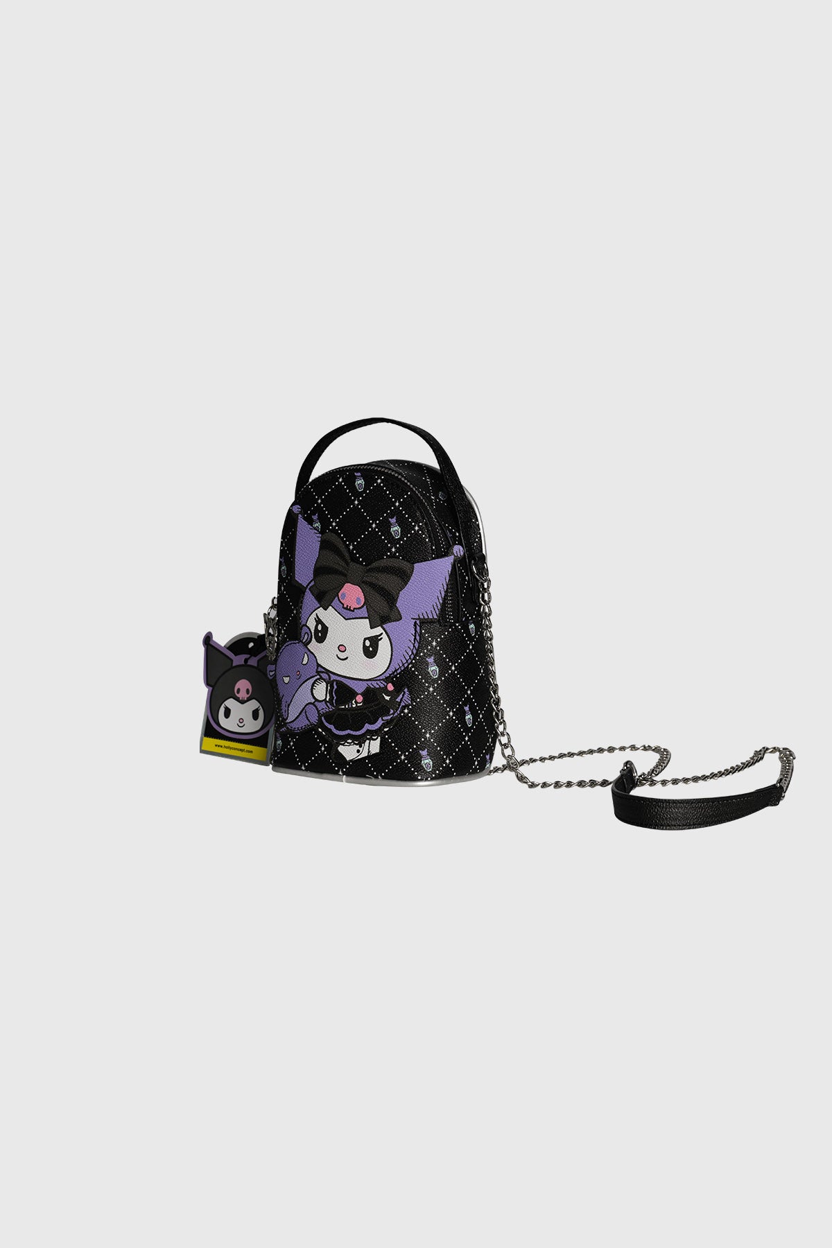 Bolsa negra de poliéster con cadena y diseño de Kuromi en estilo kawaii en el frente