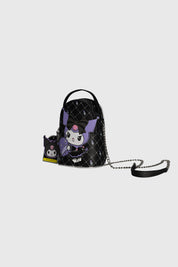 Bolsa negra de poliéster con cadena y diseño de Kuromi en estilo kawaii en el frente