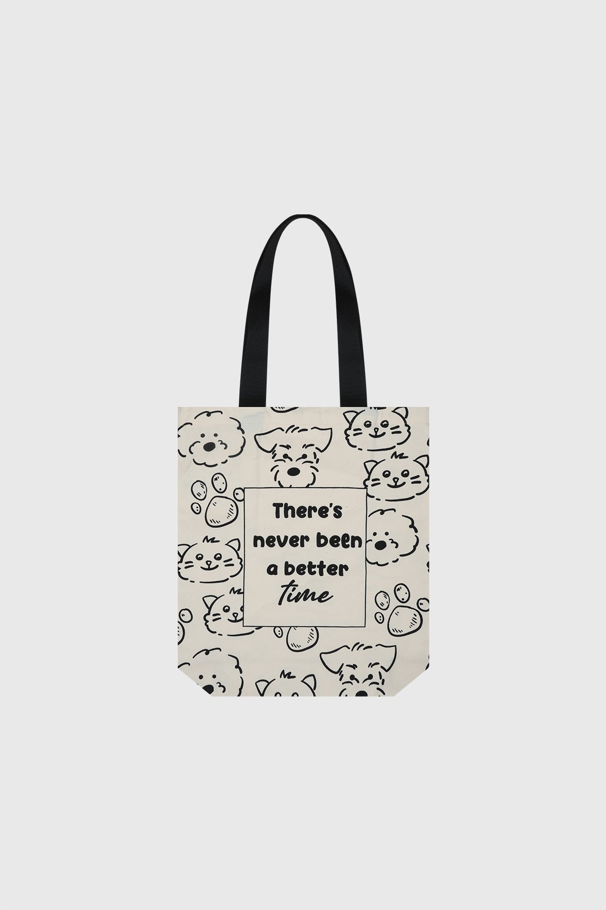 Bolsa pequeña crudo con diseño de caras de perros y gatos en negro texto en el centro que dice There's never been a better time