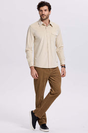 Camisa Hombre Cotelé Con Bolsillo Beige