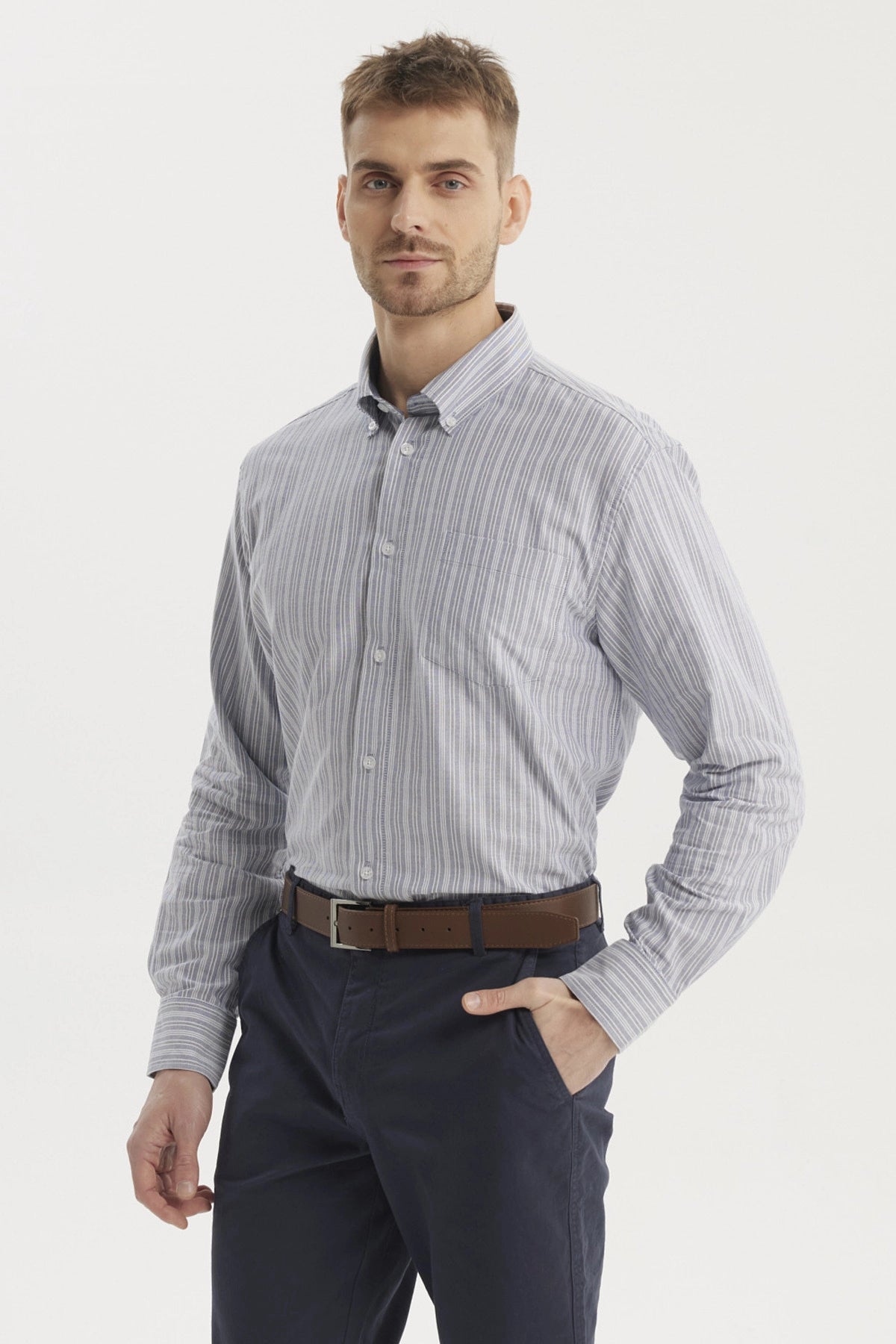 Camisa Hombre Rayas Premium Azul