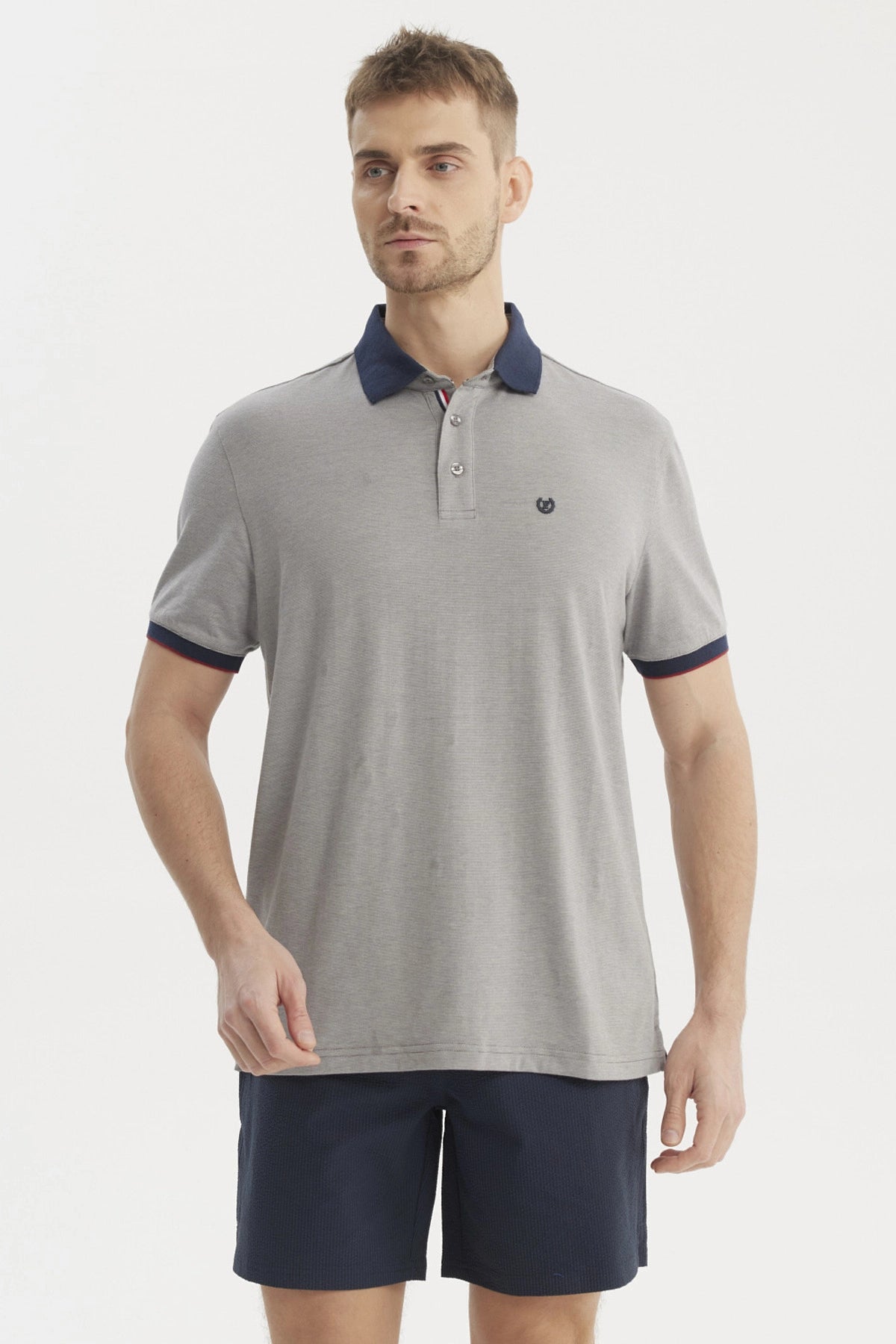 Polera gris de hombre con cuello contraste azul oscuro lisa y detalle de logo pequeño en el pecho estilo casual