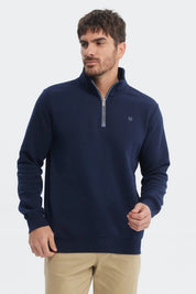 Polerón hombre azul marino con medio cierre frontal diseño liso cómodo para estilo casual moderno