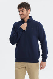 Polerón hombre azul marino con medio cierre frontal diseño liso cómodo para estilo casual moderno