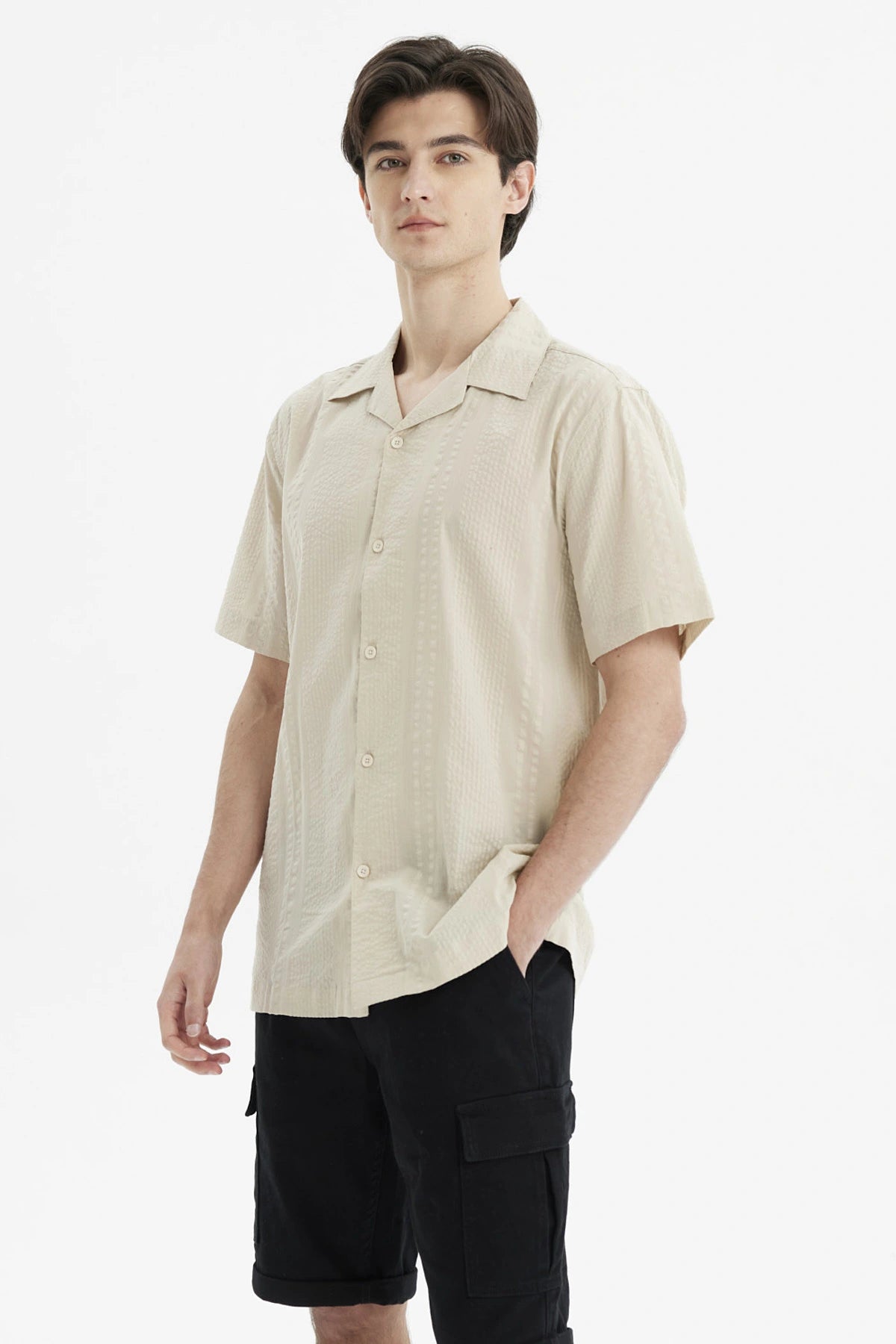 Camisa Hombre Slim Cuello Camisero Beige