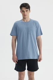 Polera Hombre Con Bolsillo Print Azul Piedra