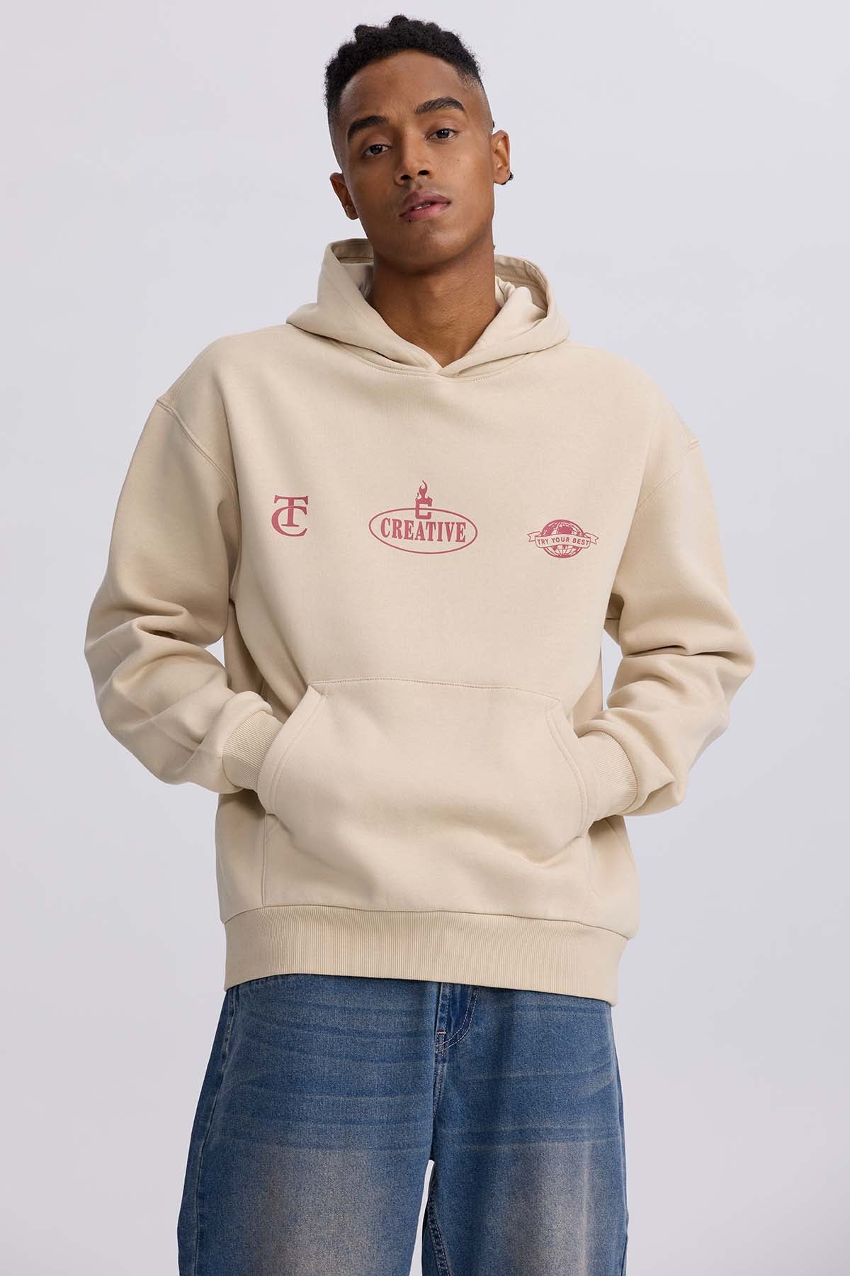 Polerón hombre hoodie doble print beige