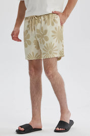 Short de baño hombre tropical beige con estampado floral en tonos claros y cintura ajustable