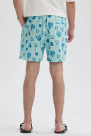 Short de baño azul celeste con estampado de palmeras y soles