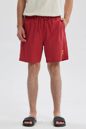 Short de baño hombre rojo liso con cintura elástica y cordón ajustable