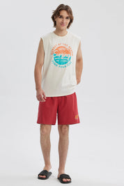 Short de baño hombre rojo liso con cintura elástica y cordón ajustable