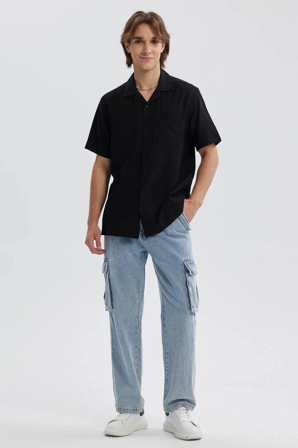 Camisa Hombre Lisa Bolsillo Negro