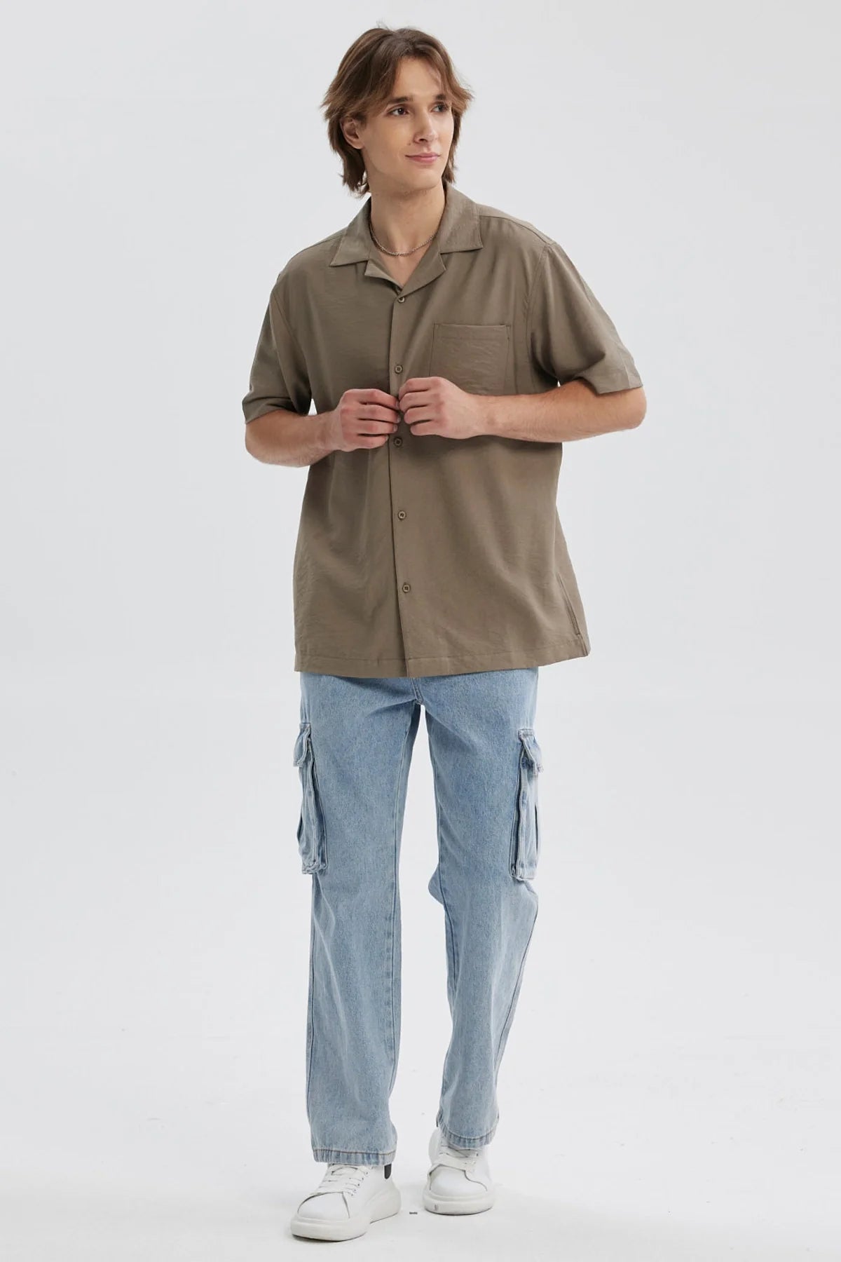 Camisa Hombre Lisa Bolsillo Café