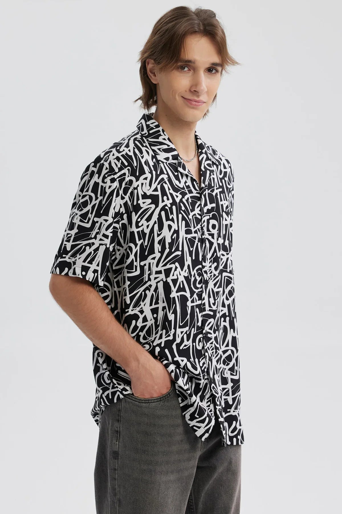 Camisa Hombre Full Print Negro