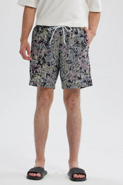 Short de baño hombre blanco y negro con estampado de hojas tropicales